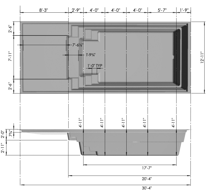 A technical drawing of a rectangular object, showing top and side views. Dimensions provided include length, width, and height measurements, with labeled sections indicating various parts and measurements throughout.